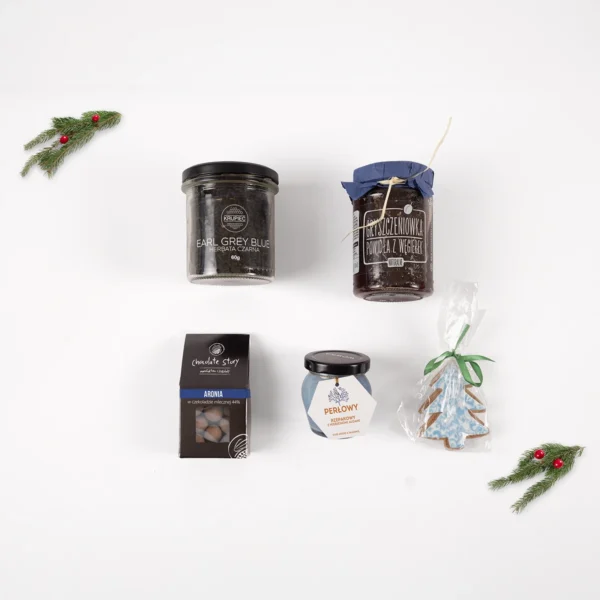 Zestaw prezentowy Elegancja w Czerni z herbatą Earl Grey, aronią w czekoladzie, konfiturą i miodem w czarnym pudełku