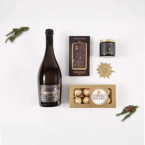 Zestaw prezentowy Gold Premium z kombuchą, czekoladą, miodem i pralinami Ferrero Rocher