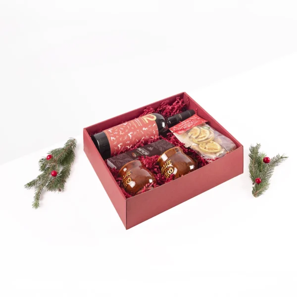 Zestaw prezentowy Przepis na Grzańca z winem, kubkami, przyprawami i suszonymi owocami w czerwonym pudełku