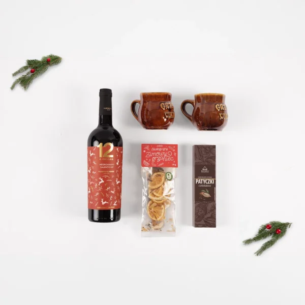 Zestaw prezentowy Przepis na Grzańca z winem, kubkami, przyprawami i suszonymi owocami w czerwonym pudełku