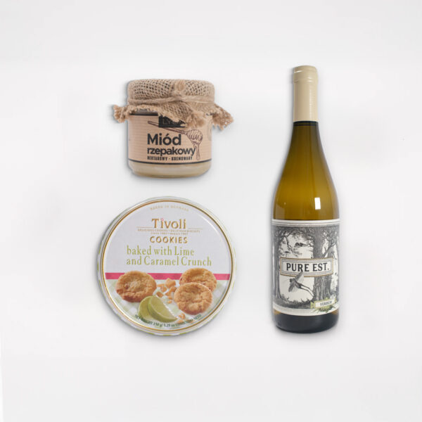 Produkty w zestawie wino, ciastka, miód